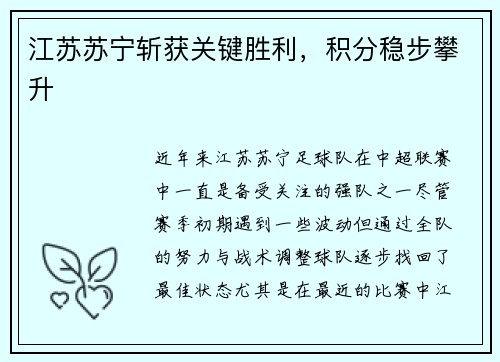 江苏苏宁斩获关键胜利，积分稳步攀升