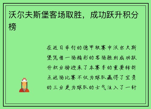 沃尔夫斯堡客场取胜，成功跃升积分榜