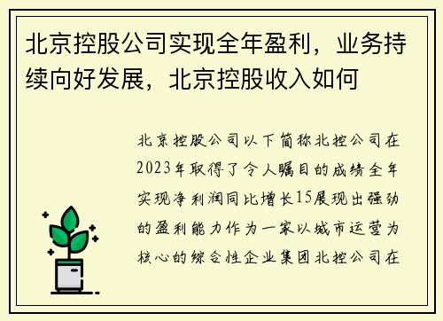 北京控股公司实现全年盈利，业务持续向好发展，北京控股收入如何