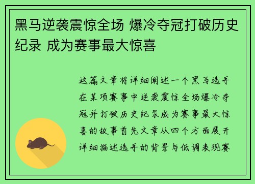 黑马逆袭震惊全场 爆冷夺冠打破历史纪录 成为赛事最大惊喜 黑马逆袭震惊全场 爆冷夺冠打破历史纪录 成为赛事最大惊喜