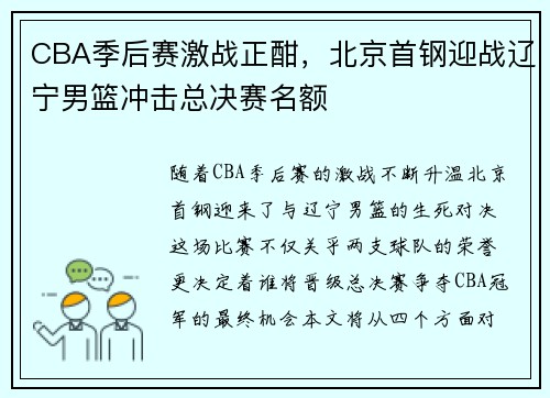 CBA季后赛激战正酣，北京首钢迎战辽宁男篮冲击总决赛名额
