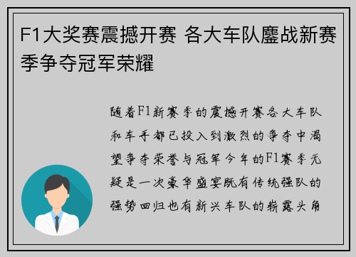 F1大奖赛震撼开赛 各大车队鏖战新赛季争夺冠军荣耀